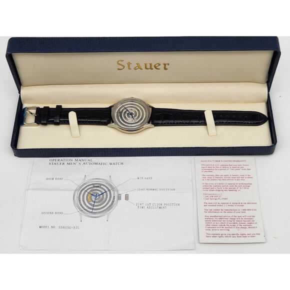 Rare Stauer Mens Silver Tone Crystal Dial Open Watch NOS - New Battery - Picture 2 of 12